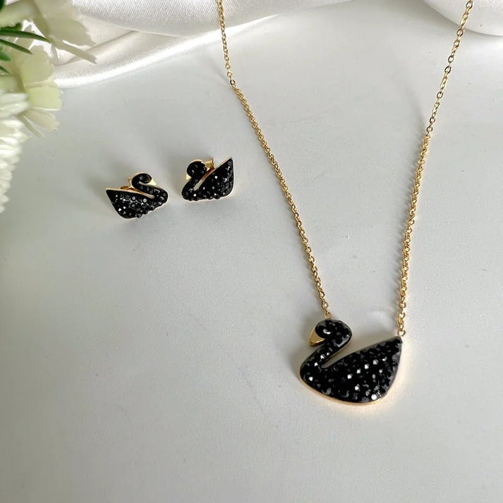 Crystal Black Swan Earrings And Necklace Set